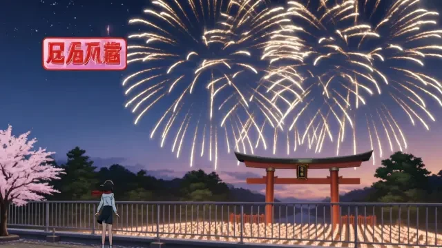 Despertar del Festival (Kling) — fotograma de póster, fuegos artificiales sobre la puerta torii