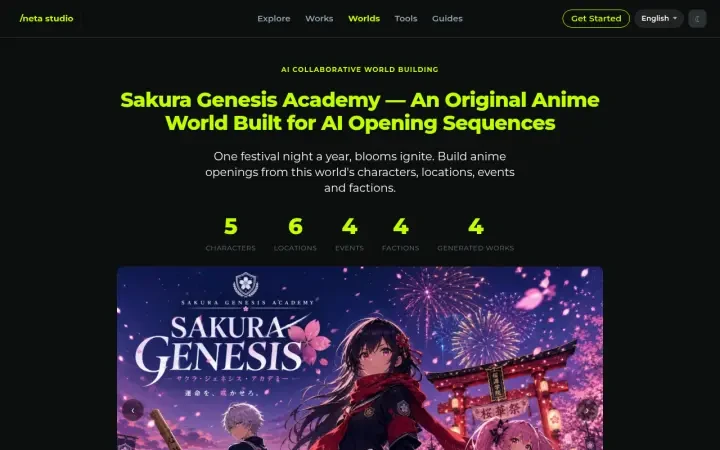 Neta Studio — la página del mundo Sakura Genesis Academy: imagen clave y la barra de prompts de OP de anime