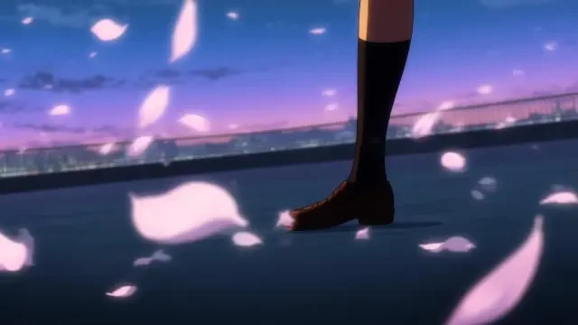 Opening-Sequenz — Stiefel aus der Froschperspektive auf dem Dach, Blütenblätter über dem Abendhimmel