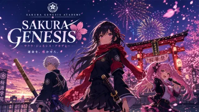 Sakura Genesis Academy — offizielles Titelkarten-Key-Visual, die Komposition, auf die jede Einstellung abgestimmt ist