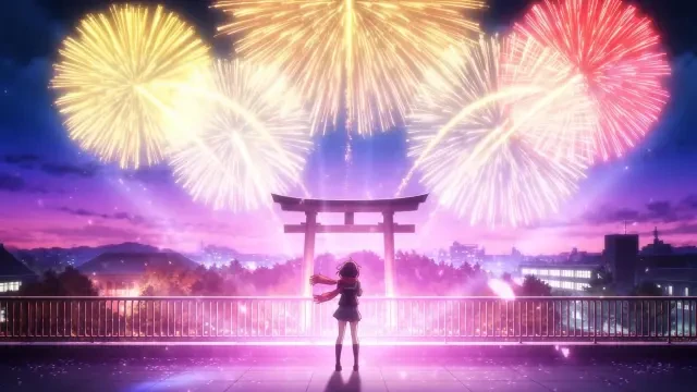 Poster der Opening-Sequenz — Feuerwerk erblüht über dem Torii, während Aoi vom Geländer aus zusieht