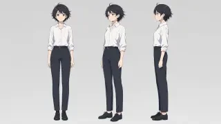 角色參考設定表——白襯衫與深色長褲女孩的三個視角