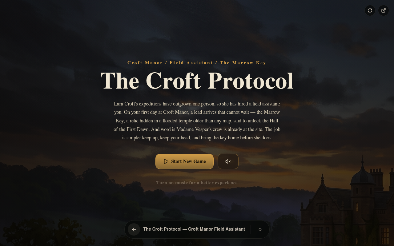 The Croft Protocol gameplay — the title screen