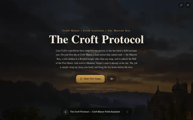 The Croft Protocol Gameplay — der Titelbildschirm