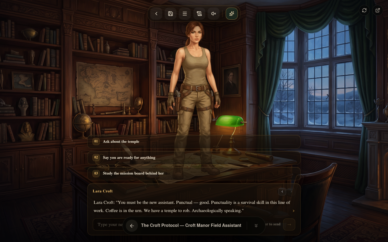 The Croft Protocol gameplay — live choices