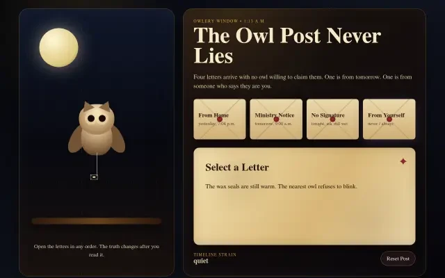 The Owl Post Never Lies — title screen with the four wax-sealed letters
