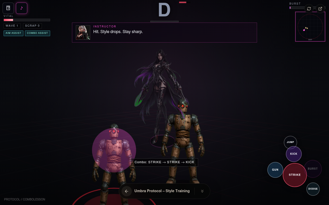 Jugabilidad de Umbra Protocol — la lección del combo STRIKE → STRIKE → KICK