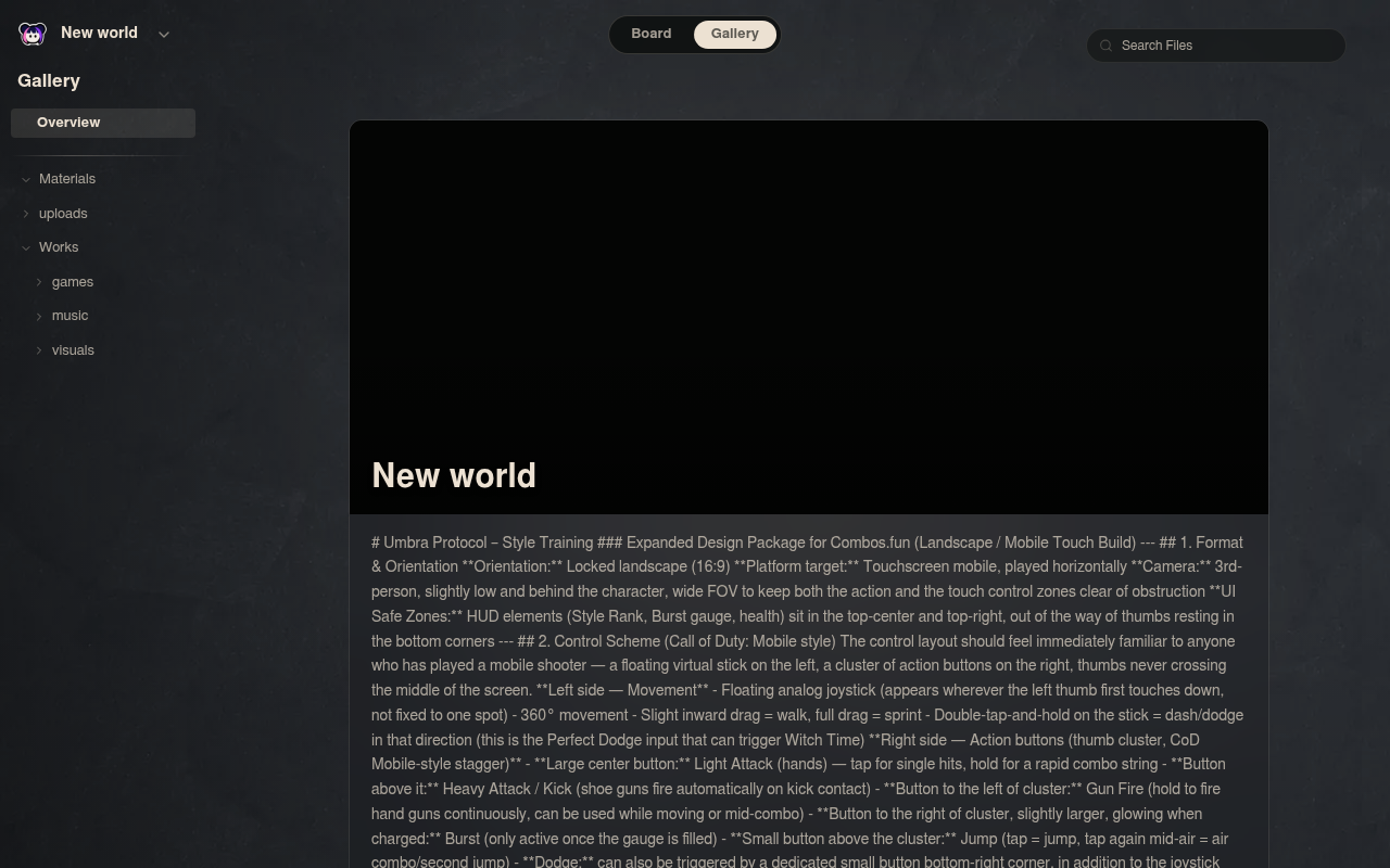 Neta Studio — la vista de galería de Umbra Protocol con el documento de diseño