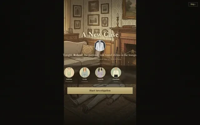 Verdigris Manor — case briefing screen of the live web app