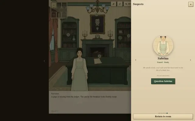 UI — the suspects roster in Verdigris Manor