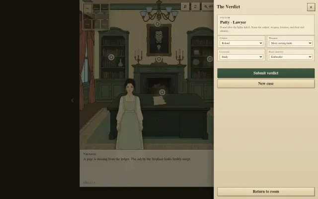 UI — the verdict form of Verdigris Manor