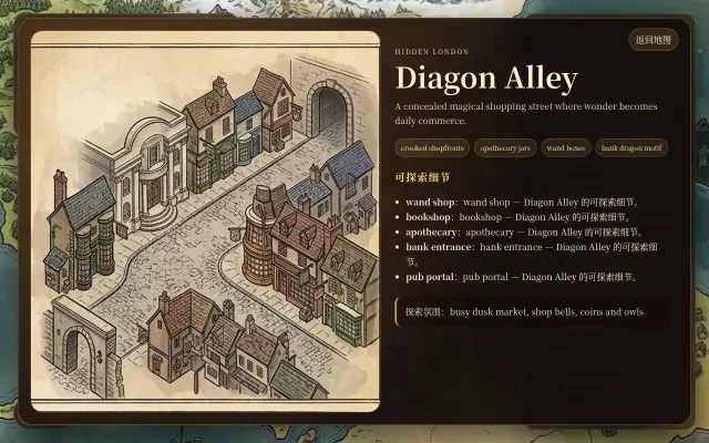 实际应用程式 — 斜角巷地点卡片