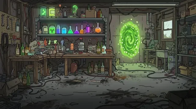 Fondo de escena — el laboratorio del garaje de Rick de día
