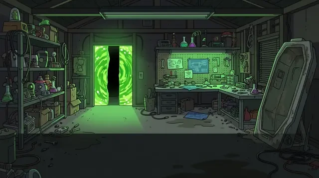 Fondo de escena — el laboratorio del garaje de Rick de noche