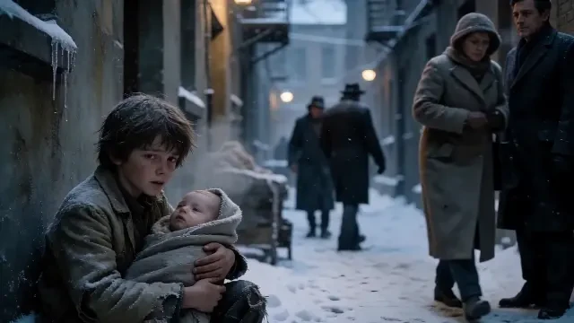 Einzelbild aus dem finalen Video — der Junge beschützt seine Schwester in der verschneiten Gasse
