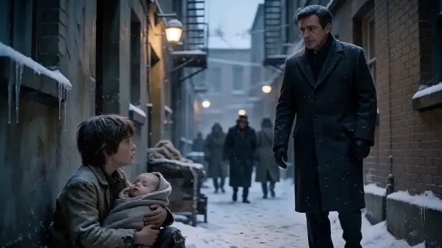 Einzelbild aus dem finalen Video — der Fremde tritt durch den Schnee näher
