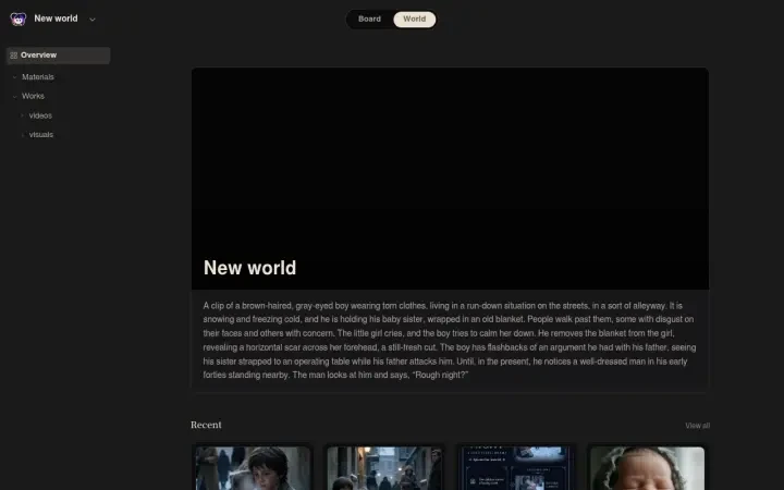 Neta Studio — der Welt-Tab mit der Seed-Prämisse und den letzten Renderings