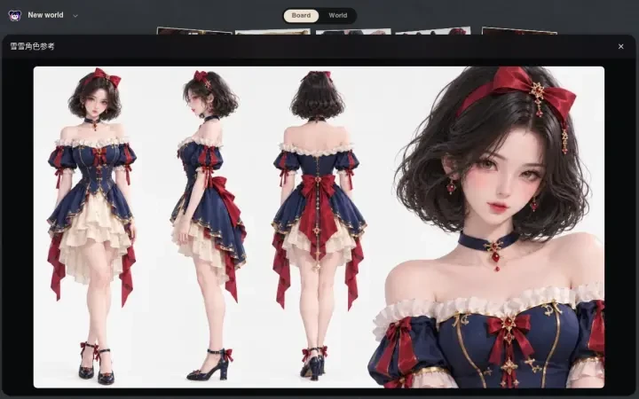 Neta Studio — fiche de personnage de Xuexue ouverte dans le tableau du monde