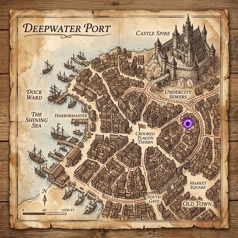 Illustrated map of Deepwater Port with districts, routes, and a portal marked