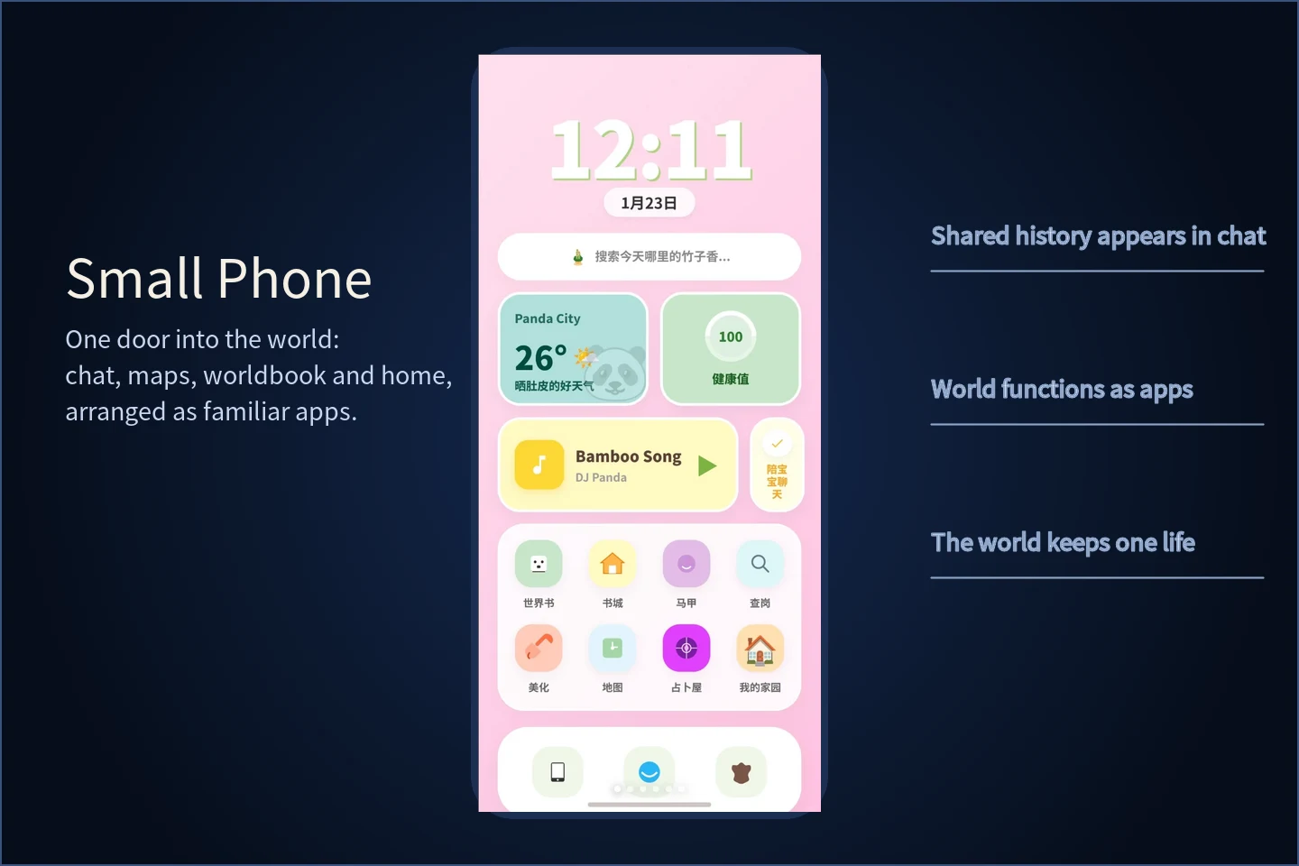 The Small Phone prototype: chat, map, worldbook and home arranged as apps on one shared world
