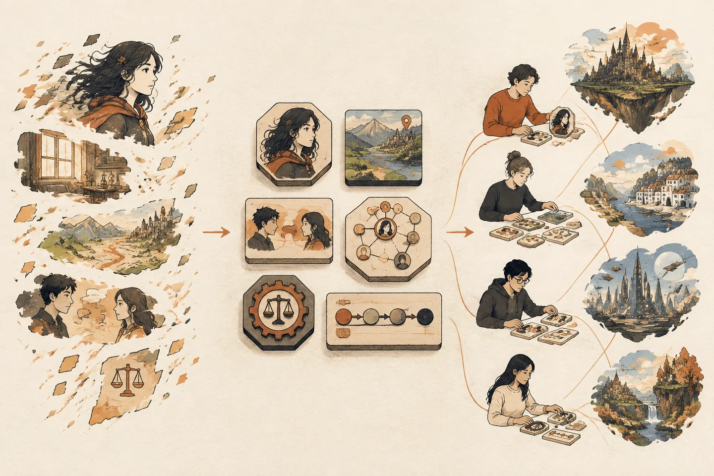 Fleeting scenes becoming reusable world materials that creators recombine into new worlds