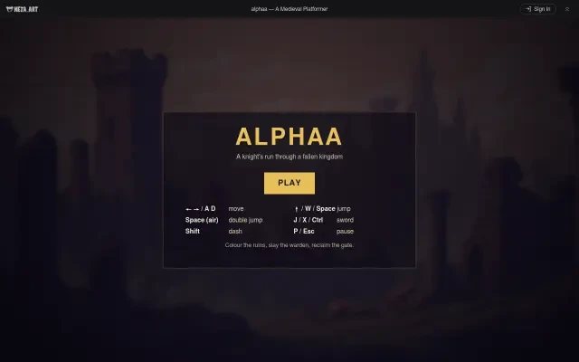 alphaa title screen with PLAY and controls