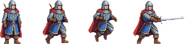Knight adventurer spritesheet — idle, run, jump and sword-swing frames