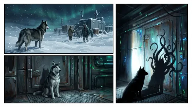 Seed-Referenz — der dreipanelige Husky-Comic