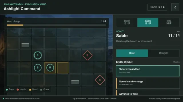 Ashlight Command 游戏画面 — 伙伴指令与拒绝风险