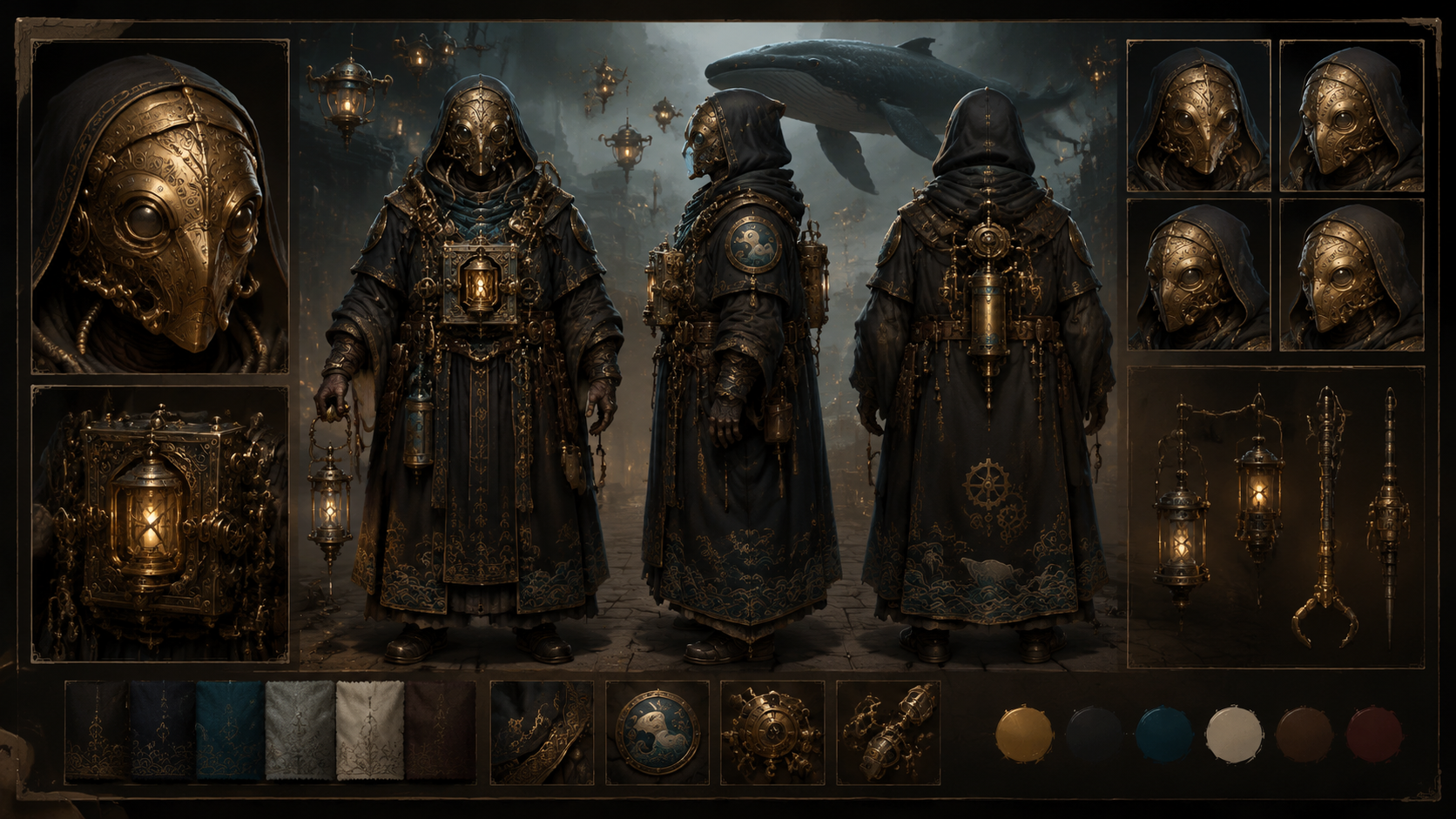 Character Design Sheet / Turnaround Views — Orin, der messingmaskierte Mechaniker-Priester