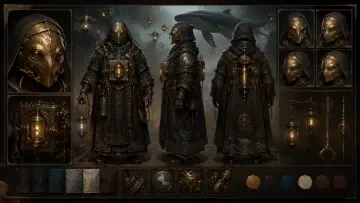 Character Design Sheet / Turnaround Views — Orin, the Brass-Masked Mechanic-Priest