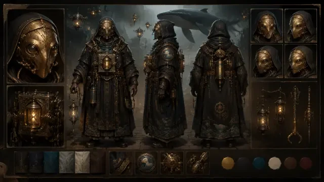 Character Design Sheet / Turnaround Views — Orin, der messingmaskierte Mechaniker-Priester