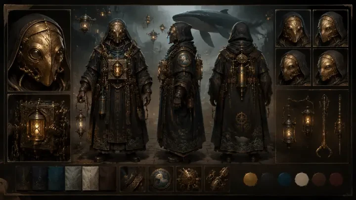 Character Design Sheet / Turnaround Views — Orin, the Brass-Masked Mechanic-Priest