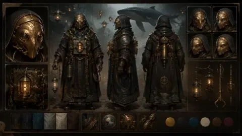 Character Design Sheet / Turnaround Views — Orin, der messingmaskierte Mechaniker-Priester