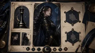 Character profile card for Evelyn Nocturne with lunar archival aesthetics and personnel file formatting