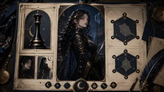 Character Profile Card — Evelyn Nocturne, the Lunar Archivist with detailed dossier layout