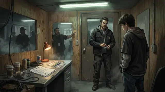 Fondo de escena — la estrecha oficina del recinto