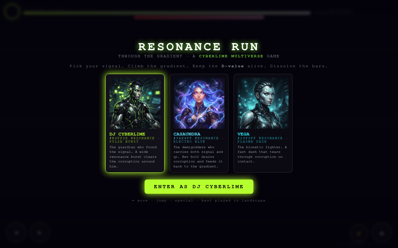 Resonance Run — gameplay — a tela de seleção de personagens