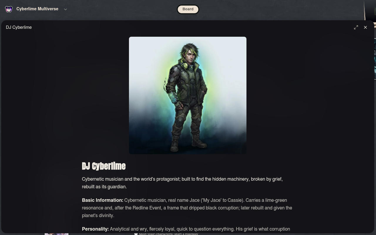 Neta Studio — detalhe do personagem DJ Cyberlime no board do mundo