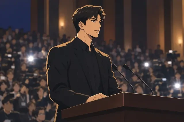 Episode 1 frame — Tao Wu at the podium