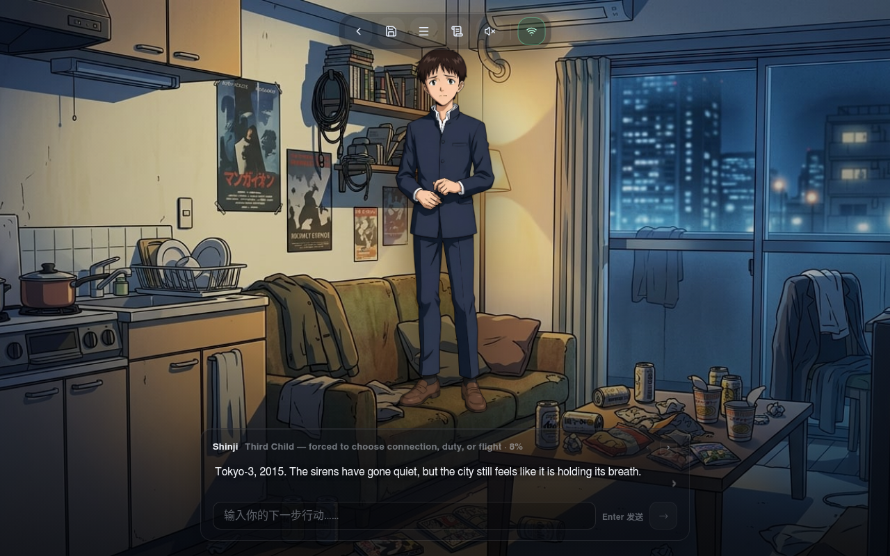 Gameplay — opening scene in Misato's apartment