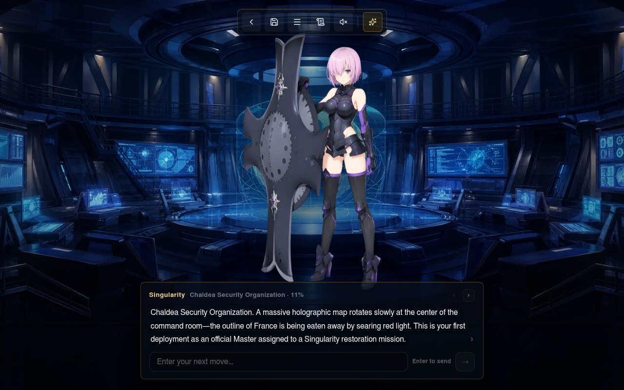 Gameplay — Chaldea-Kommandoraum mit Live-Erzähleingabe