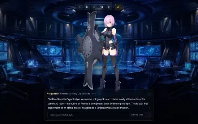 Gameplay — Chaldea-Kommandoraum mit Live-Erzähleingabe