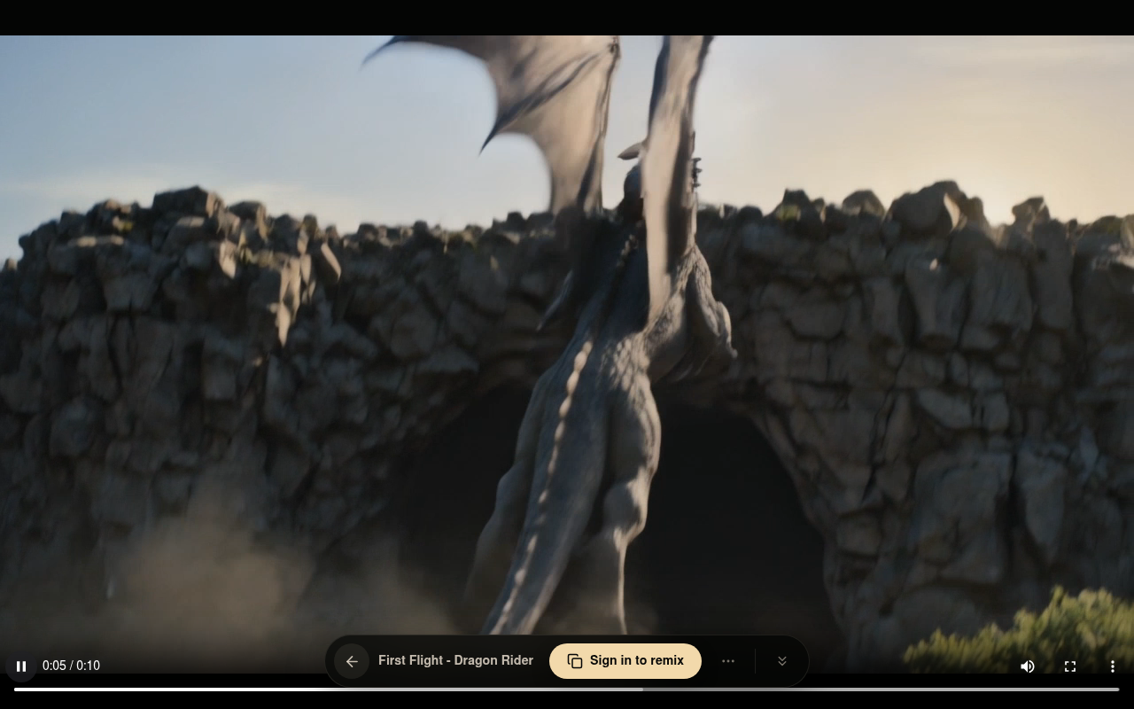 Video frame 0:05 — the dragon unfurls its wings and launches