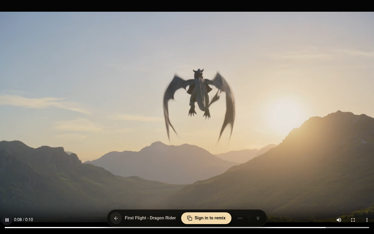 Video frame 0:08 — dragon and rider climb into the sky