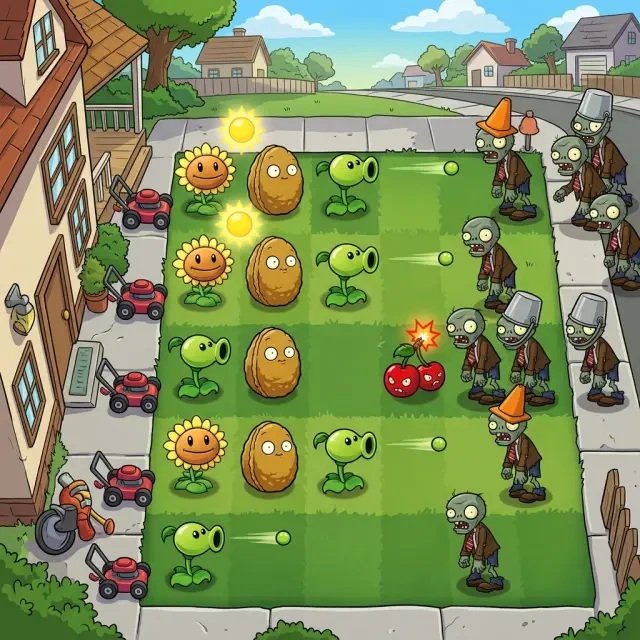 World key art — the suburban front-lawn battlefield