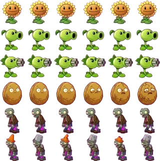 Transparentes Sprite-Sheet — jede Animationszeile für Pflanzen und Zombies
