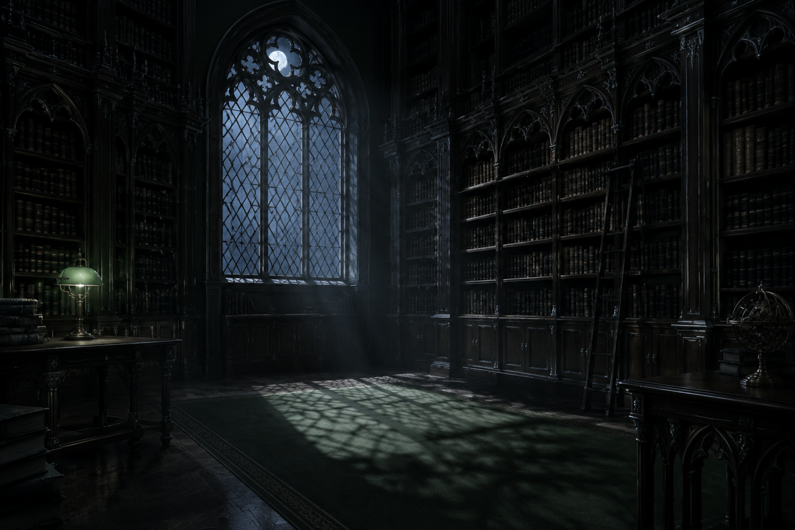 Verbotene Bibliothek um Mitternacht als Hintergrund
