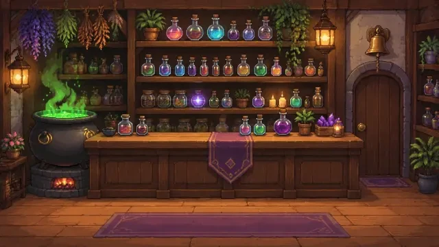 Pixelart-Hintergrund des Zaubertrankladens