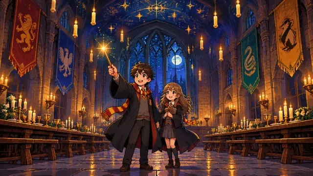 Arte clave de Hogwarts: Pixel Spell Brawl — dos jóvenes magos con varitas brillantes en un Gran Comedor iluminado por velas
